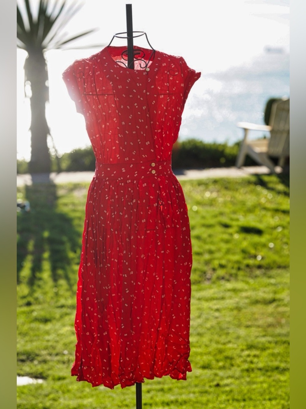 Jackie Bernard FDR Eclectic Red Rayon Midi Dress - Size 8 - Picture 8 of 10